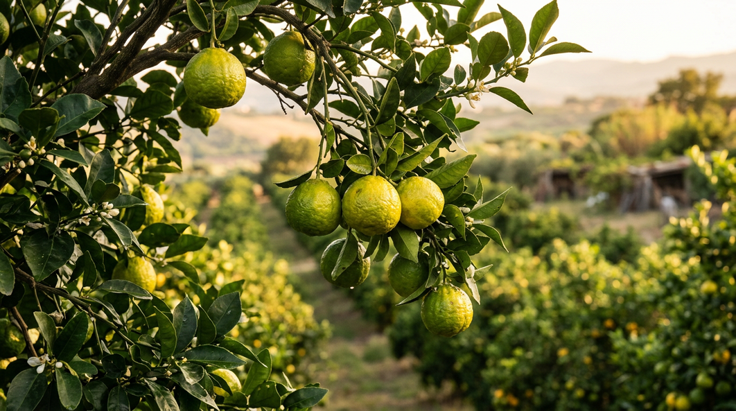 Bergamot fruit on the branch, showing the citrus rind the essential oil is pressed from