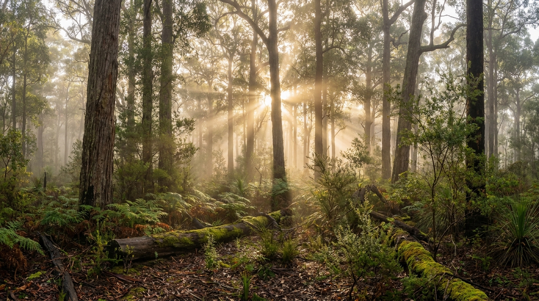 Morning light through a Western Australian eucalypt forest canopy, the native habitat of the Fragonia shrub