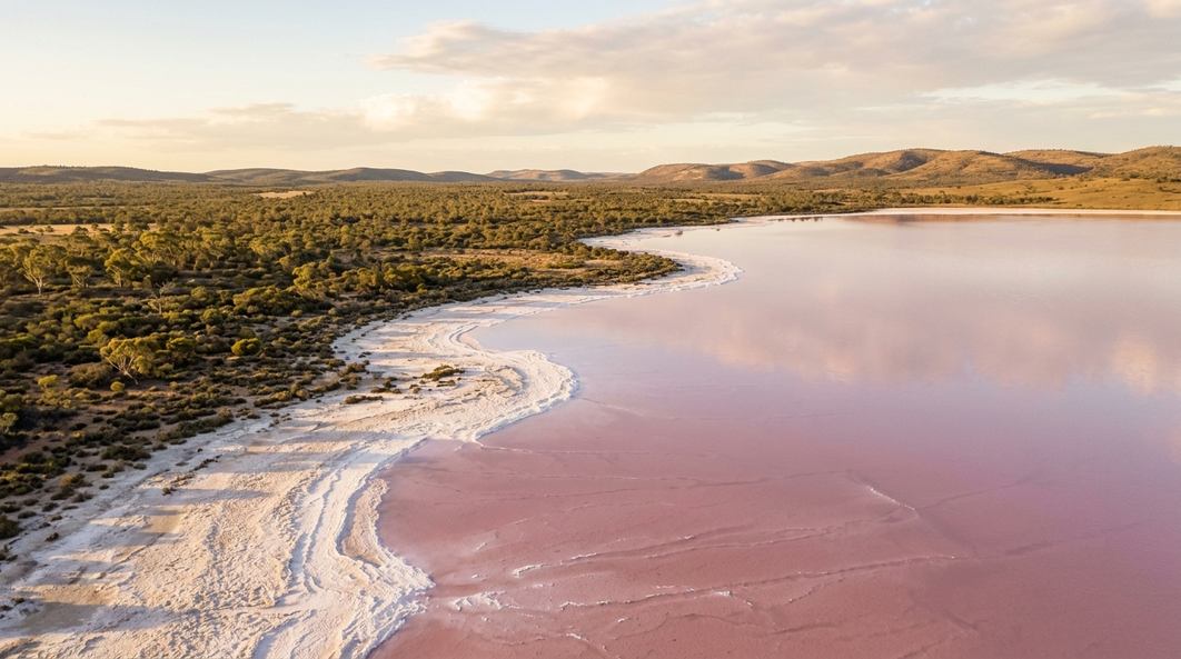 A pale pink Australian salt lake at sunset, coloured by naturally occurring salt-loving microorganisms