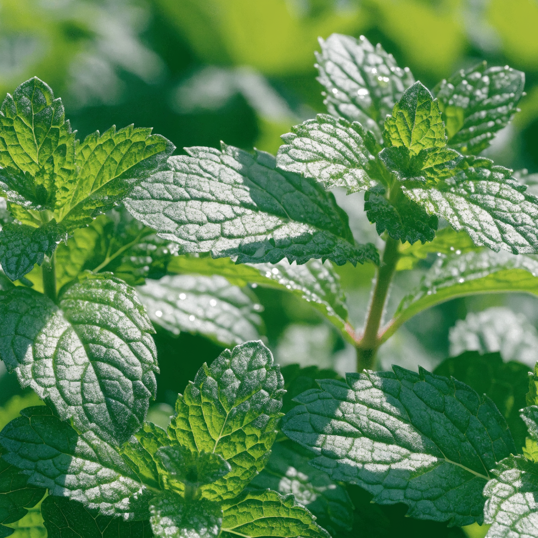 Fresh spearmint leaves with rounded serrated edges in bright daylight